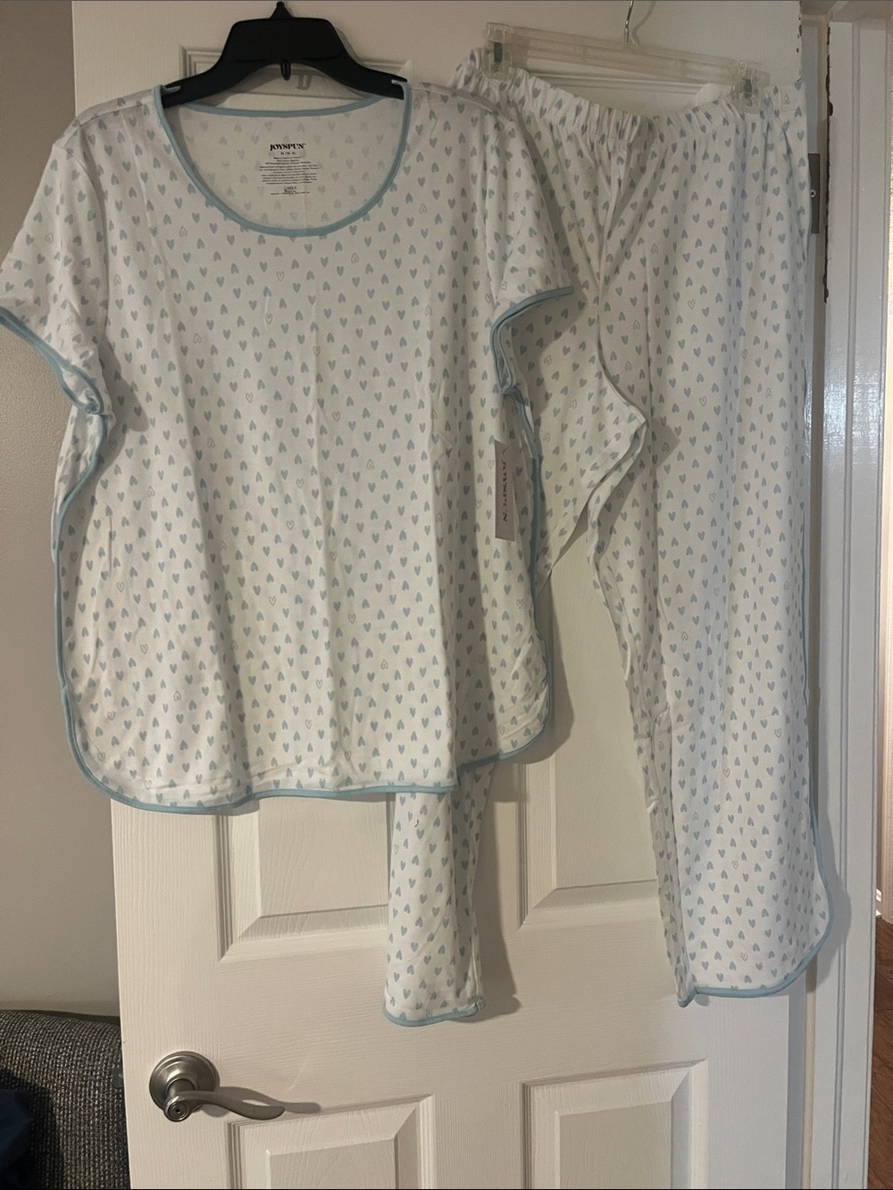 White Pajama Set with Light Blue Heart Print